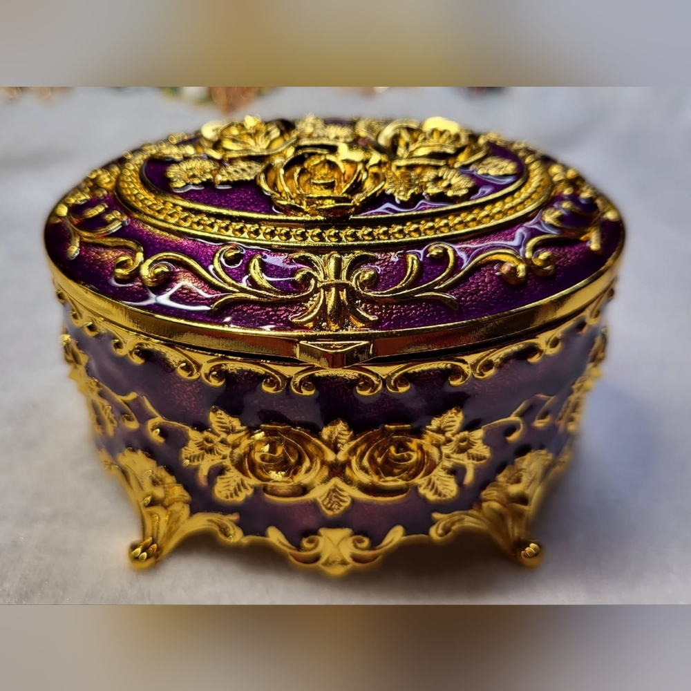 ✨️ NEW European Style Purple & Gold Ornate Enamel Metal Trinket Box